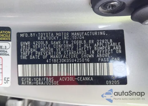 2005 Toyota Camry Le from USA, damaged, VIN 4T1BE30K05U425016